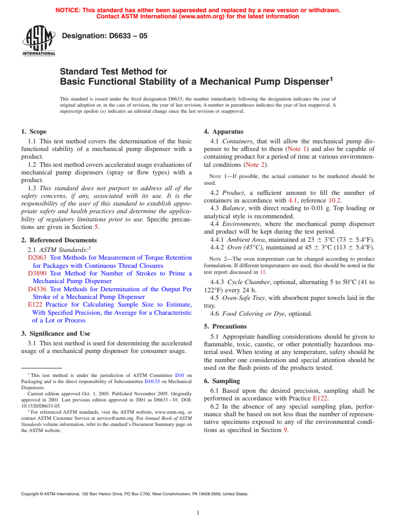 ASTM D6633-05 - Standard Test Method for Basic Functional Stability of a Mechanical Pump Dispenser