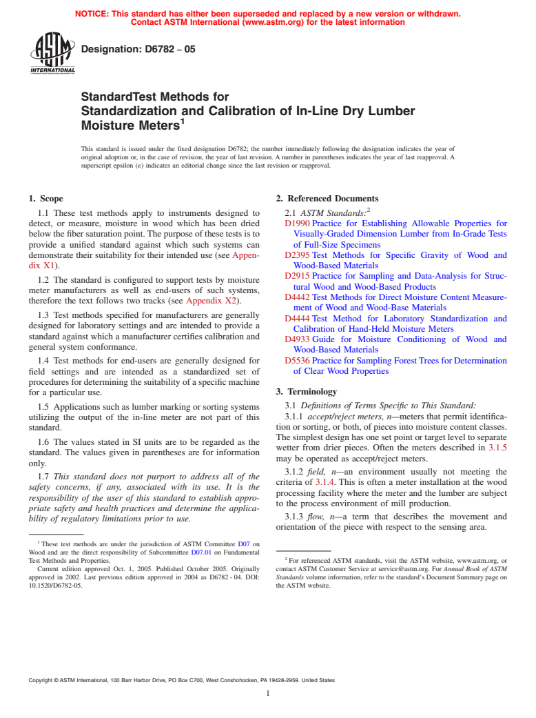 ASTM D6782-05 - Standard Test Methods for Standardization and Calibration of In-Line Dry Lumber Moisture Meters