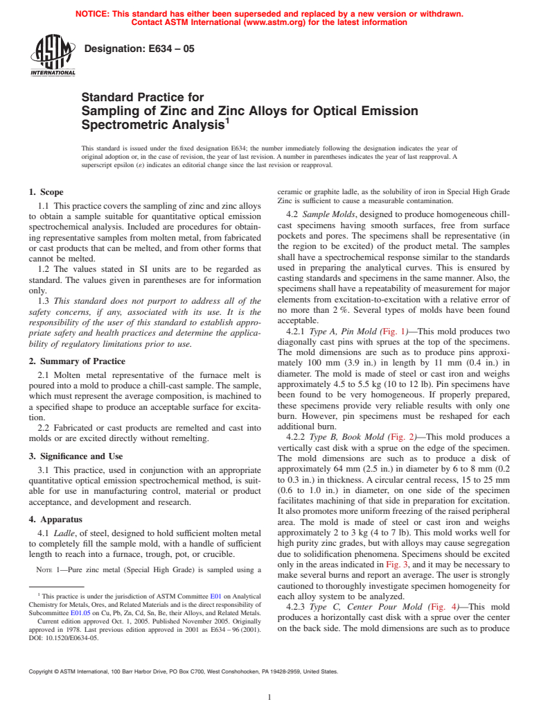 ASTM E634-05 - Standard Practice for Sampling of Zinc and Zinc Alloys for Optical Emission Spectrometric Analysis