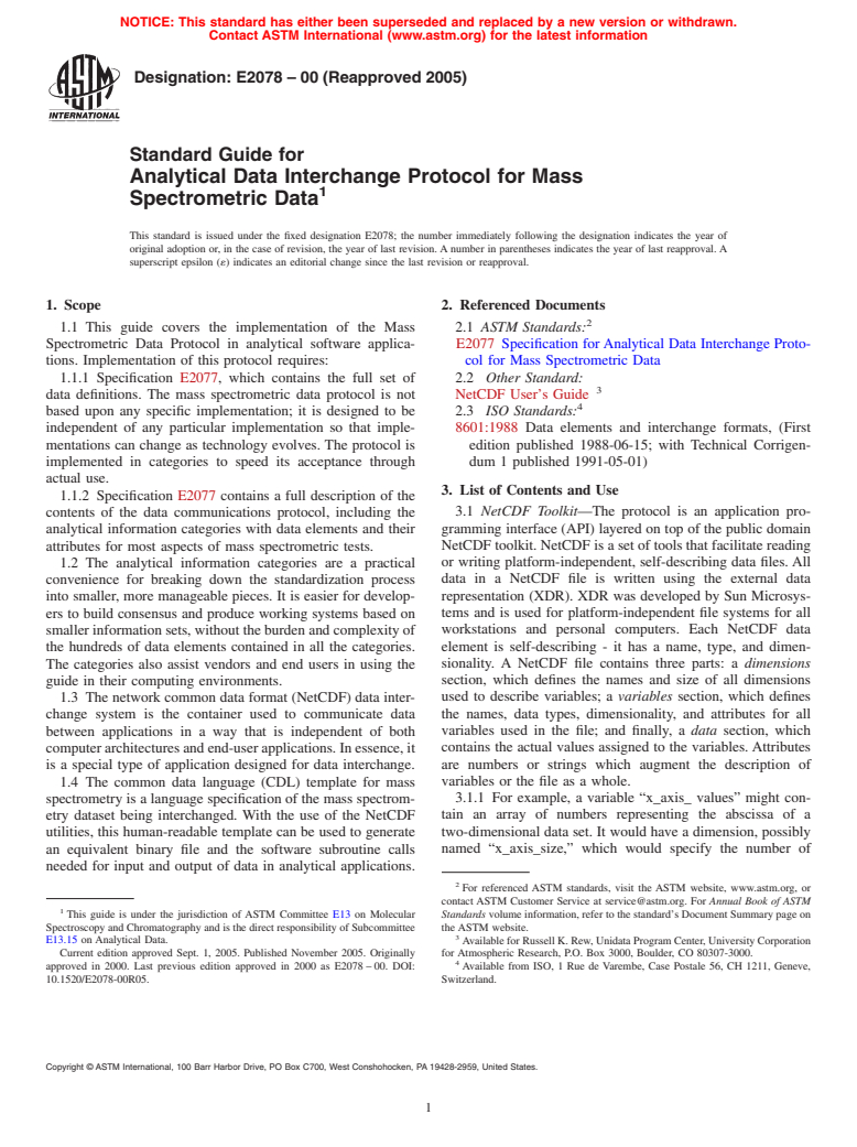 ASTM E2078-00(2005) - Standard Guide for Analytical Data Interchange Protocol for Mass Spectrometric Data