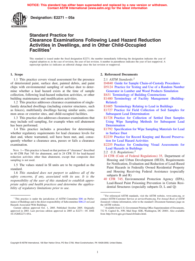 ASTM E2271-05a - Standard Practice for Clearance Examinations Following Lead Hazard Reduction Activities in Single-Family Dwellings and Child-Occupied Facilities