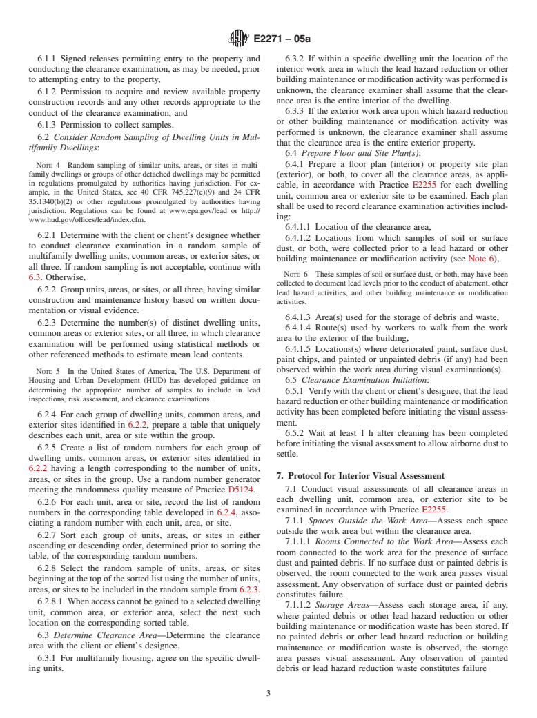 ASTM E2271-05a - Standard Practice for Clearance Examinations Following Lead Hazard Reduction Activities in Single-Family Dwellings and Child-Occupied Facilities