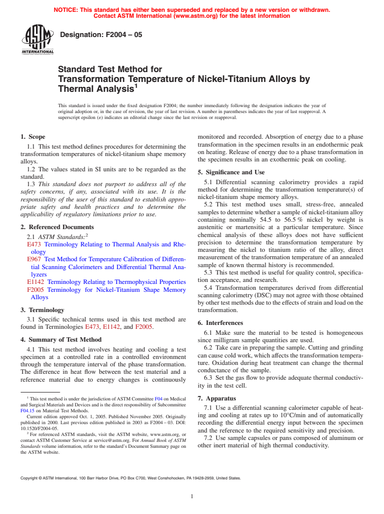 ASTM F2004-05 - Standard Test Method for Transformation Temperature of Nickel-Titanium Alloys by Thermal Analysis