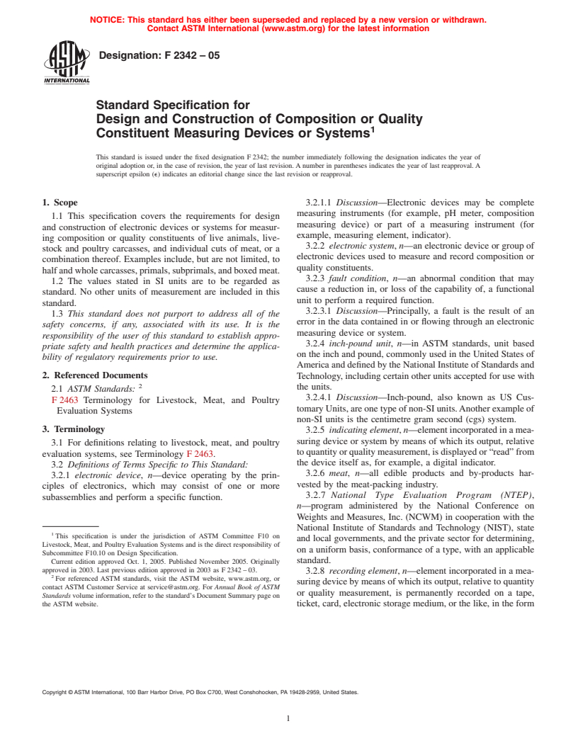 ASTM F2342-05 - Standard Specification for Design and Construction of Composition or Quality Constituent Measuring Devices or Systems