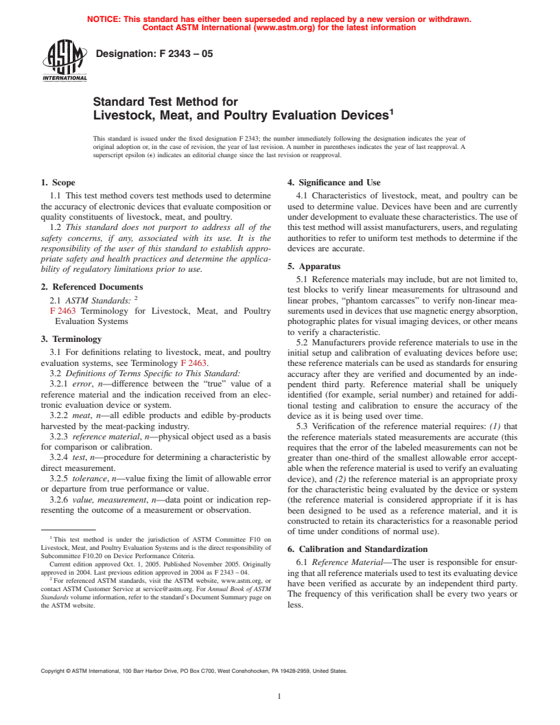 ASTM F2343-05 - Standard Test Method for Livestock, Meat, and Poultry Evaluation Devices