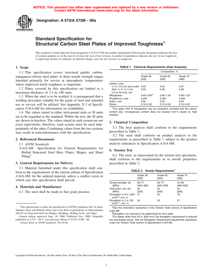 ASTM A573/A573M-00a - Standard Specification for Structural Carbon Steel Plates of Improved Toughness