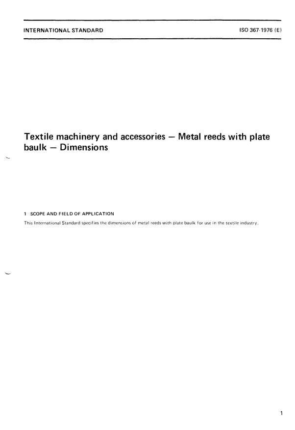 ISO 367:1976 - Textile machinery and accessories -- Metal reeds with plate baulk -- Dimensions