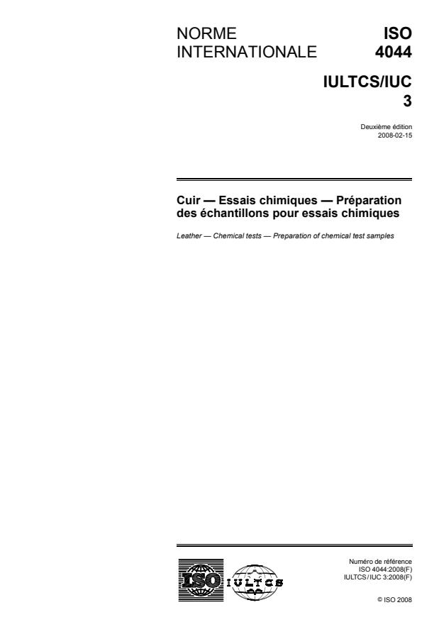 ISO 4044:2008 - Cuir -- Essais chimiques - Préparation des échantillons pour essais chimiques
