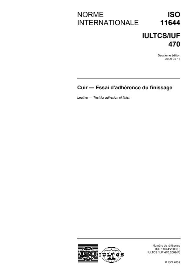 ISO 11644:2009 - Cuir -- Essai d'adhérence du finissage