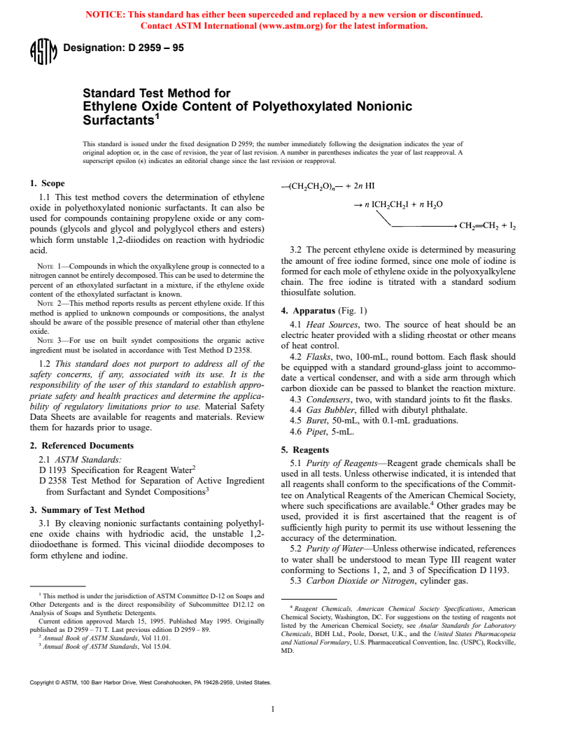 ASTM D2959-95 - Standard Test Method for Ethylene Oxide Content of Polyethoxylated Nonionic Surfactants