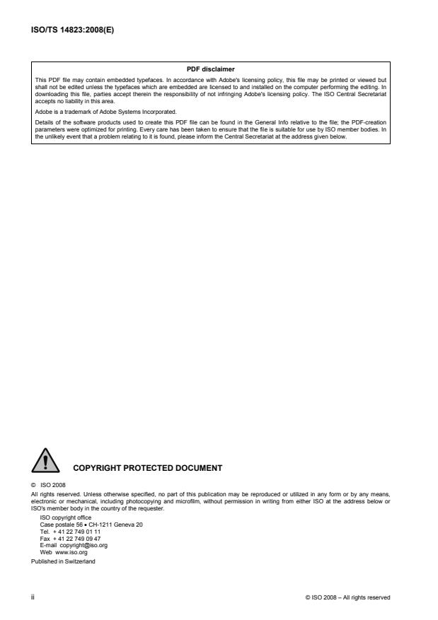 ISO/TS 14823:2008 ISO/TS 14823:2008 - Traffic and travel information -- Messages via media independent stationary dissemination systems -- Graphic data dictionary for pre-trip and in-trip information dissemination systems - Page 2 preview