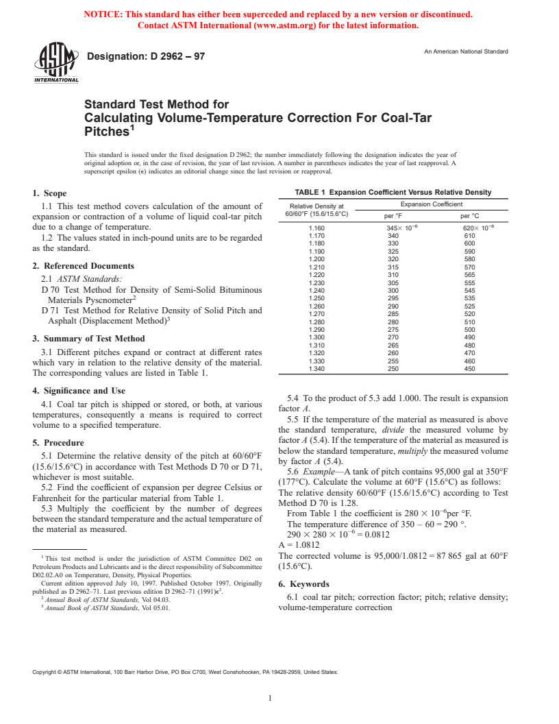 ASTM D2962-97 - Standard Test Method for Calculating Volume-Temperature Correction For Coal-Tar Pitches