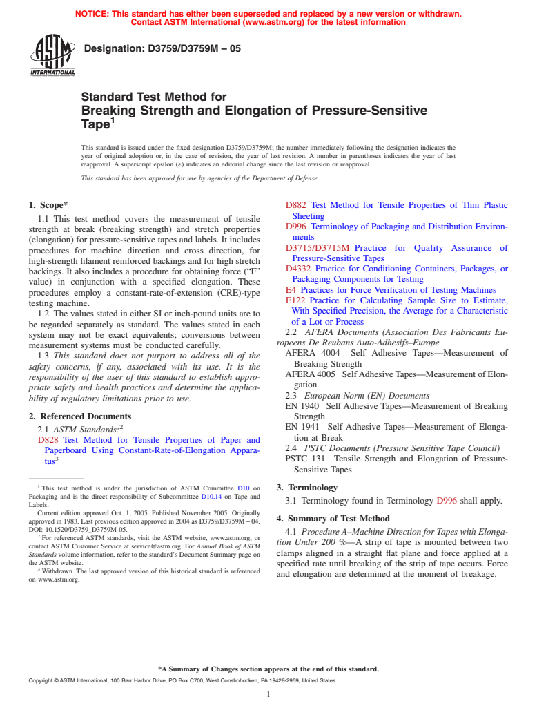 ASTM D3759/D3759M-05 - Standard Test Method for Tensile Strength and Elongation of Pressure-Sensitive Tapes