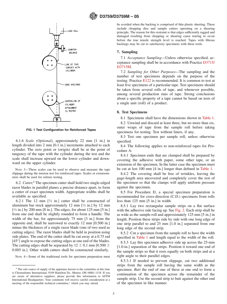 ASTM D3759/D3759M-05 - Standard Test Method for Tensile Strength and Elongation of Pressure-Sensitive Tapes