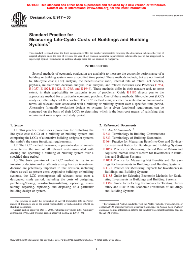 ASTM E917-05 - Standard Practice for Measuring Life-Cycle Costs of Buildings and Building Systems