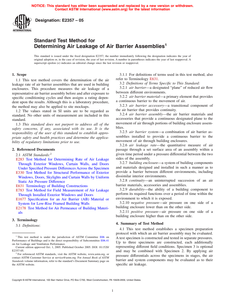 ASTM E2357-05 - Standard Test Method for Determining Air Leakage of Air Barrier Assemblies