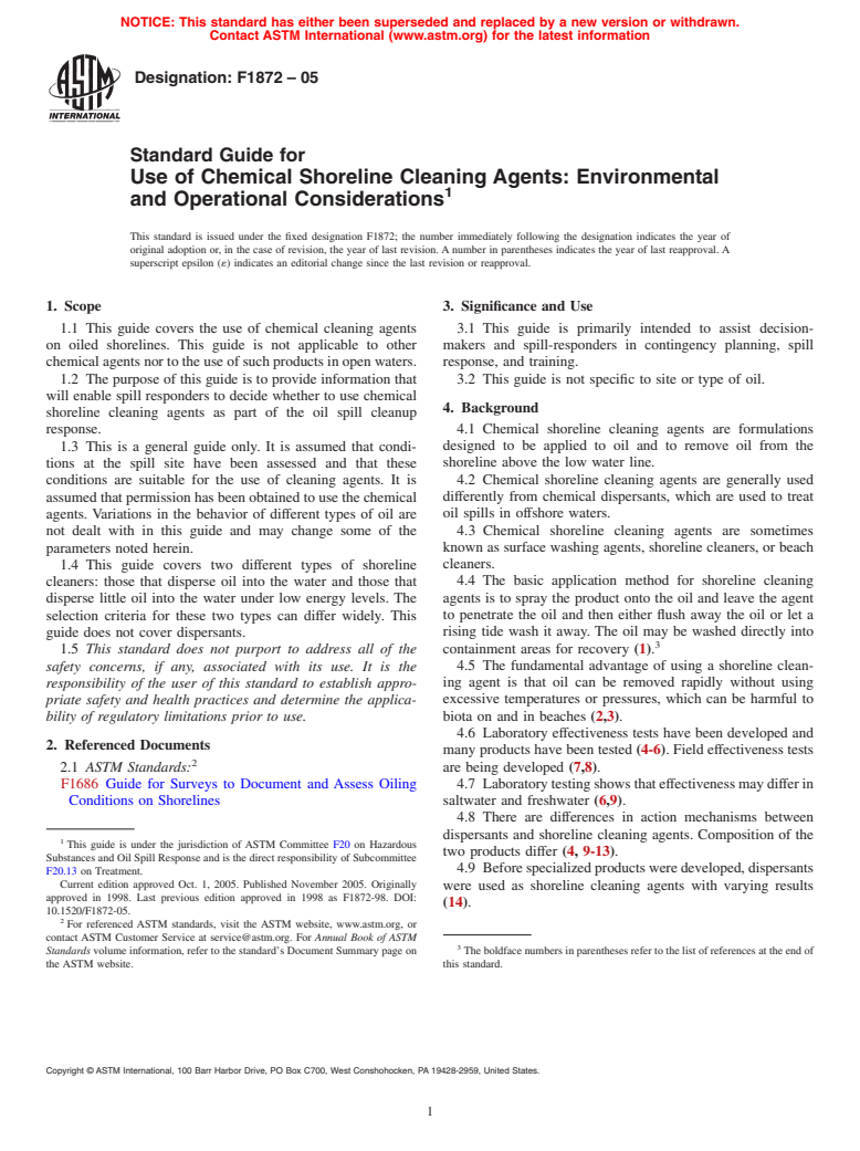 ASTM F1872-05 - Standard Guide for Use of Chemical Shoreline Cleaning Agents: Environmental and Operational Considerations