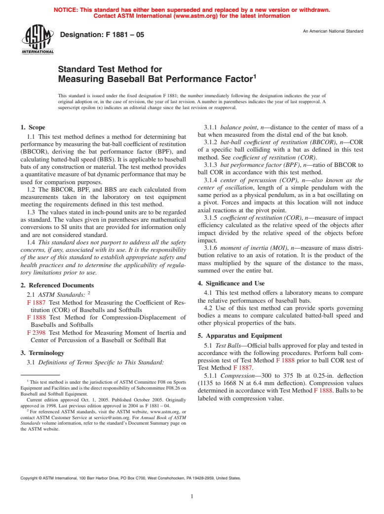 ASTM F1881-05 - Standard Test Method for Measuring Baseball Bat Performance Factor