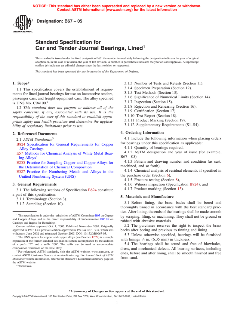 ASTM B67-05 - Standard Specification for Car and Tender Journal Bearings, Lined