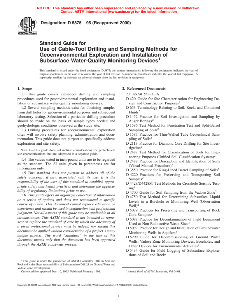 ASTM D5875-95(2000) - Standard Guide for Use of Cable-Tool Drilling and Sampling Methods for Geoenvironmental Exploration and Installation of Subsurface Water-Quality Monitoring Devices