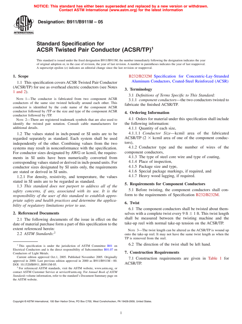 ASTM B911/B911M-05 - Standard Specification for ACSR Twisted Pair Conductor (ACSR/TP)