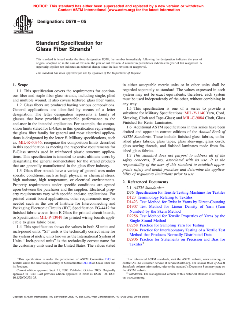 ASTM D578-05 - Standard Specification for Glass Fiber Strands