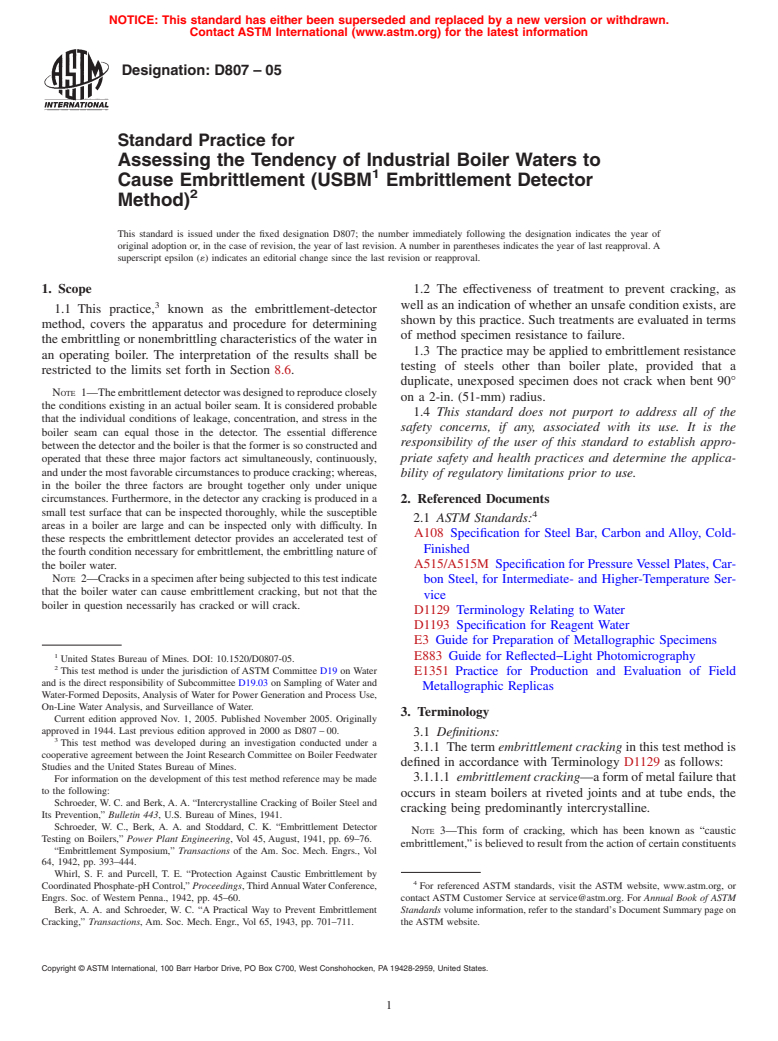 ASTM D807-05 - Standard Practice for Assessing the Tendency of Industrial Boiler Waters to Cause Embrittlement (USBM Embrittlement Detector Method)