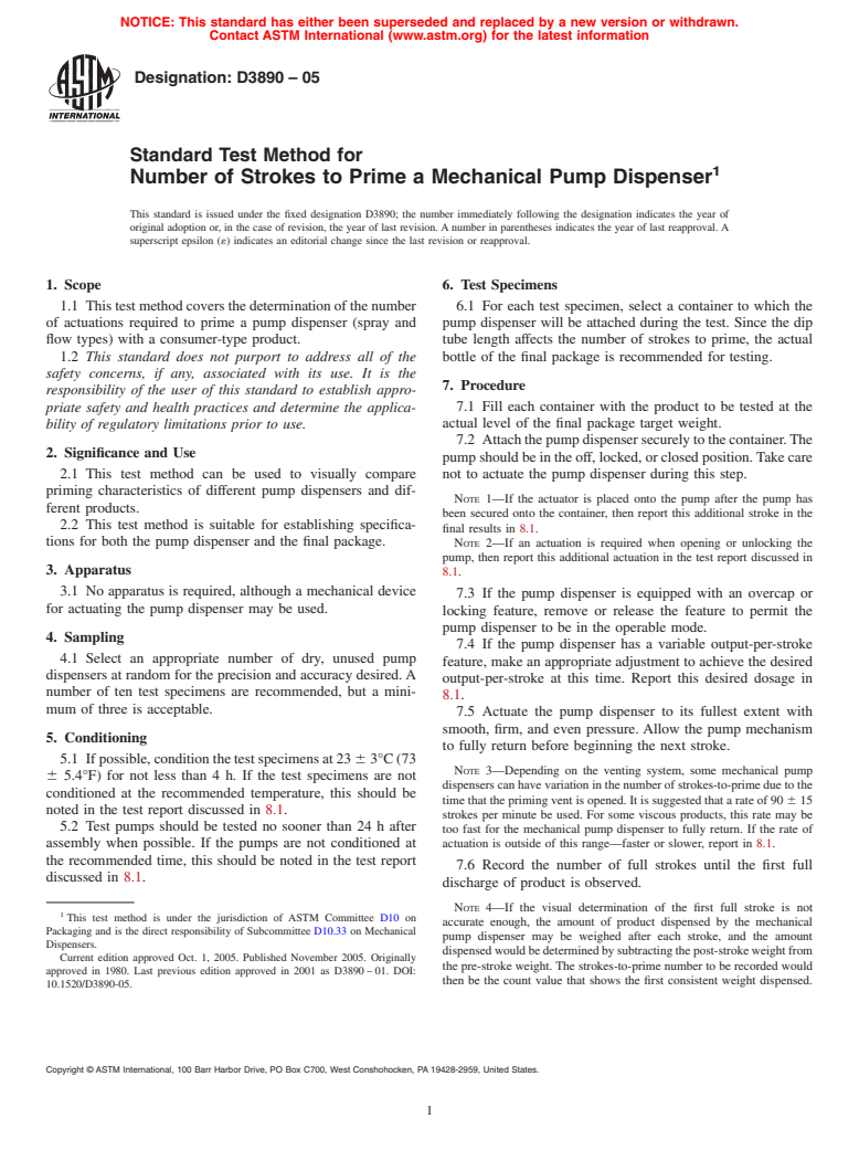 ASTM D3890-05 - Standard Test Method for Number of Strokes to Prime a Mechanical Pump Dispenser