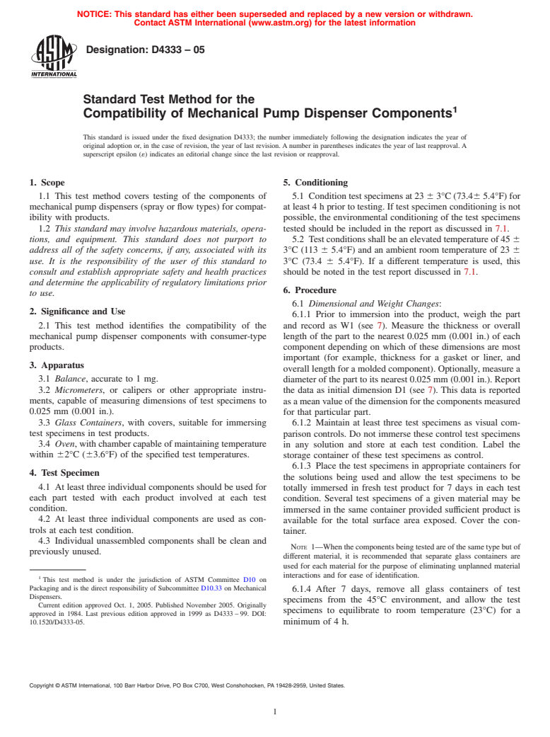 ASTM D4333-05 - Test Method for the Compatibility Resistance of Mechanical Pump Dispenser Components