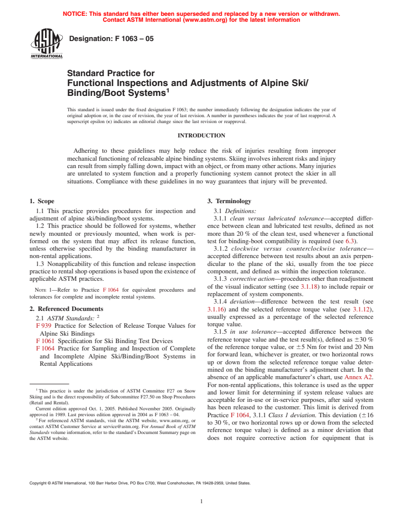 ASTM F1063-05 - Standard Practice for Functional Inspections and Adjustments of Alpine Ski/Binding/Boot Systems