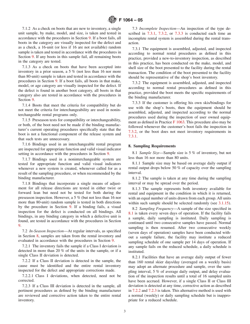 ASTM F1064-05 - Standard Practice for Sampling and Inspection of Complete and Incomplete Alpine Ski/Binding/Boot Systems in Rental Applications