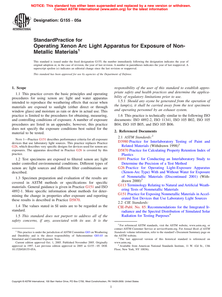 ASTM G155-05a - Standard Practice for Operating Xenon Arc Light Apparatus for Exposure of Non-Metallic Materials