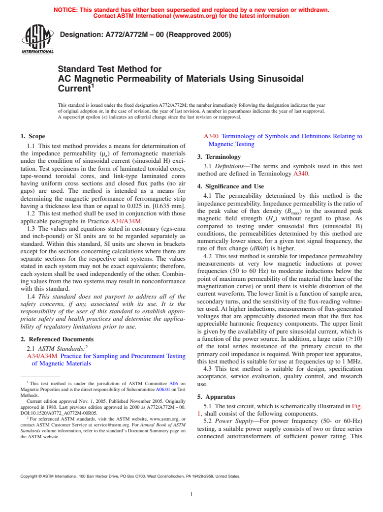 ASTM A772/A772M-00(2005) - Standard Test Method for ac Magnetic Permeability of Materials Using Sinusoidal Current