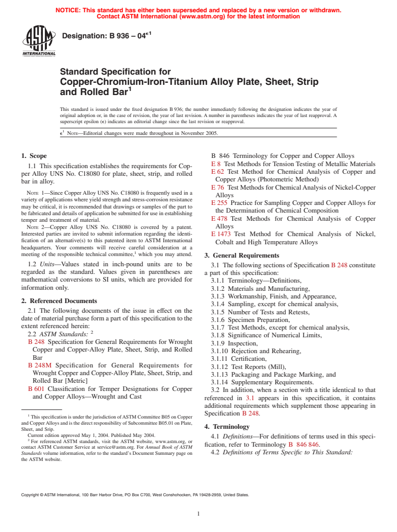 ASTM B936-04e1 - Standard Specification for Copper-Chromium-Iron-Titanium Alloy Plate, Sheet, Strip and Rolled Bar