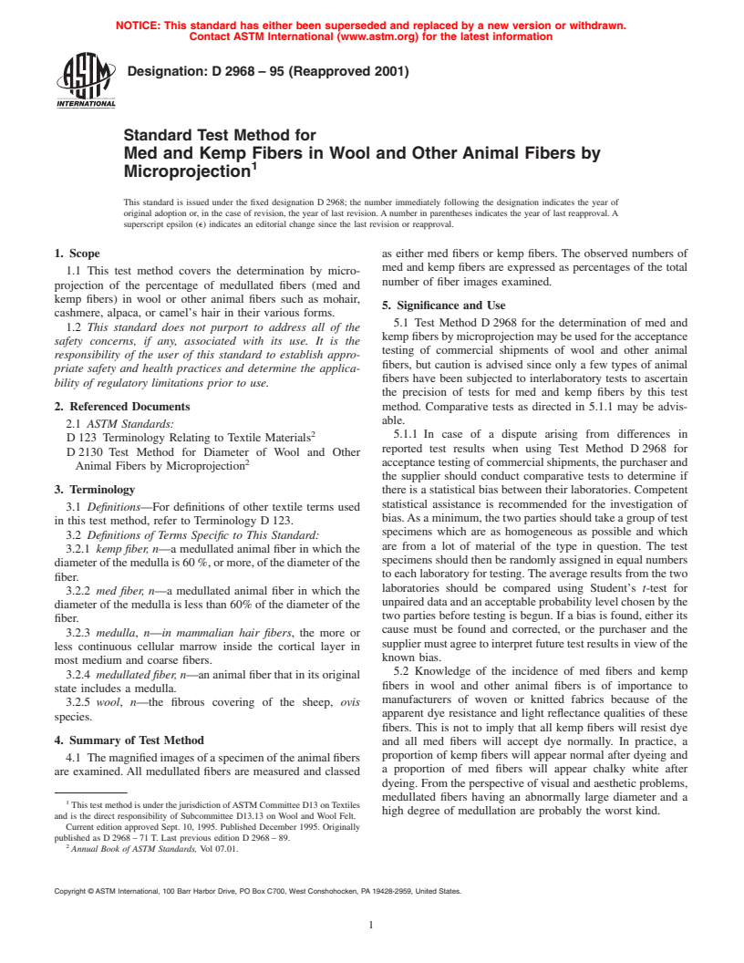 ASTM D2968-95(2001) - Standard Test Method for Med and Kemp Fibers in Wool and Other Animal Fibers by Microprojection