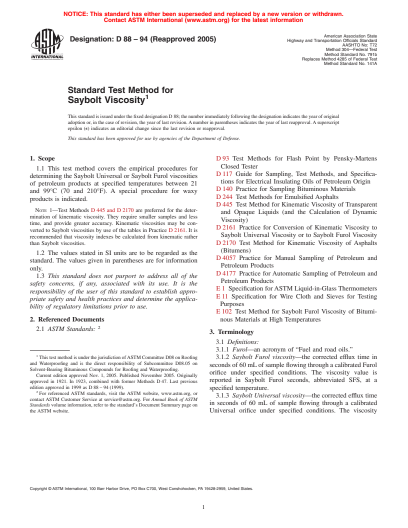 ASTM D88-94(2005) - Standard Test Method for Saybolt Viscosity