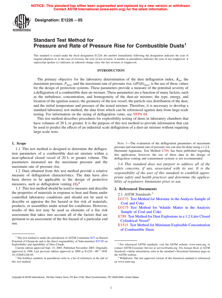 ASTM E1226-05 - Standard Test Method for Pressure and Rate of Pressure Rise for Combustible Dusts