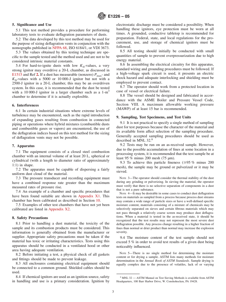 ASTM E1226-05 - Standard Test Method for Pressure and Rate of Pressure Rise for Combustible Dusts