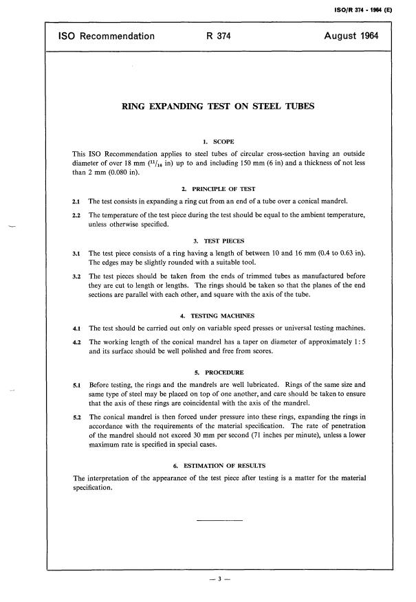 ISO/R 374:1964 - Ring expanding test on steel tubes