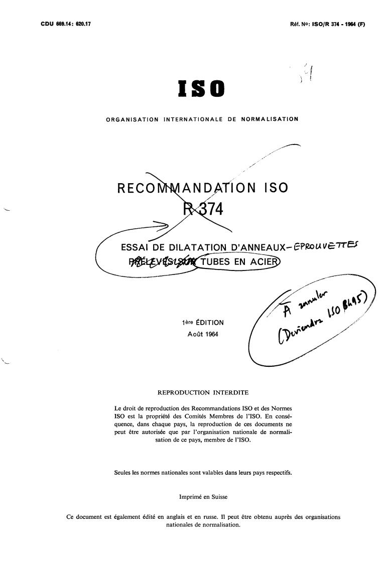 ISO/R 374:1964 - Ring expanding test on steel tubes
Released:8/1/1964