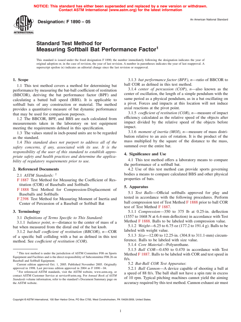 ASTM F1890-05 - Standard Test Method for Measuring Softball Bat Performance Factor