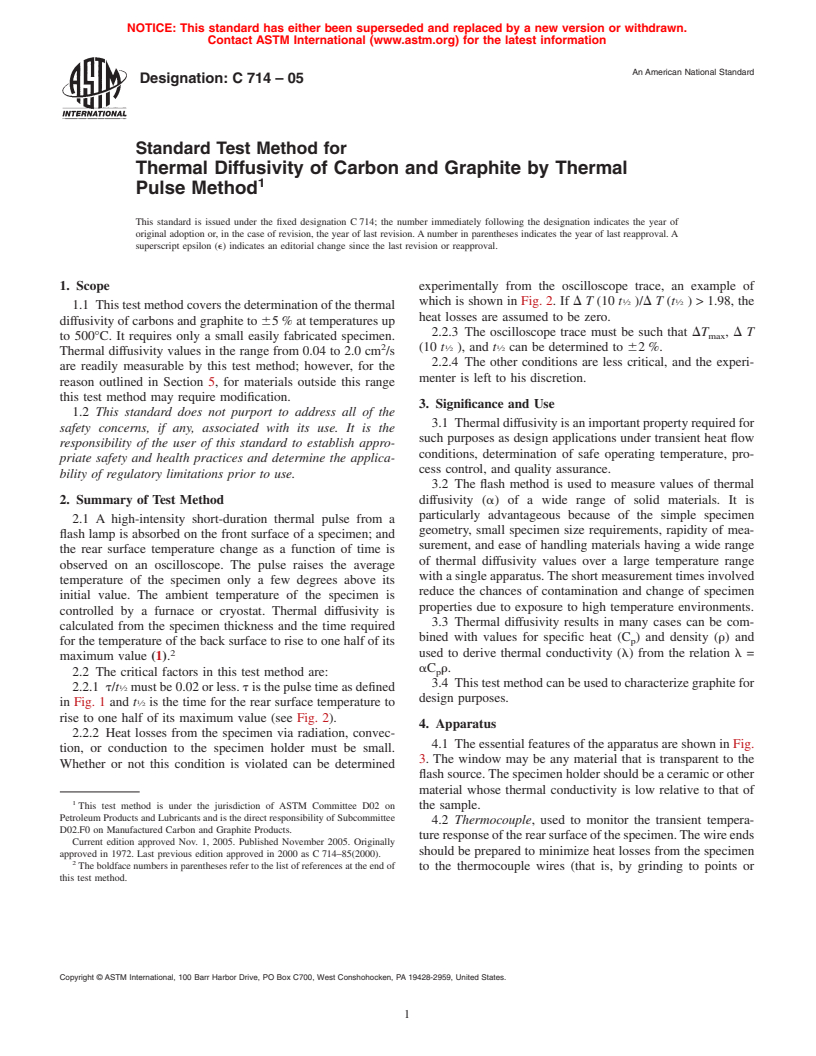 ASTM C714-05 - Standard Test Method for Thermal Diffusivity of Carbon and Graphite by Thermal Pulse Method