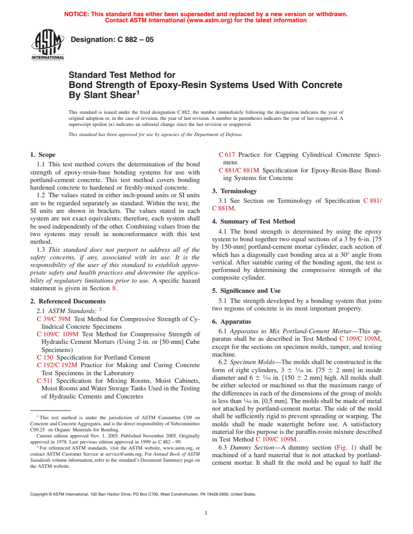 ASTM C882-05 - Standard Test Method for Bond Strength of Epoxy-Resin Systems Used With Concrete By Slant Shear