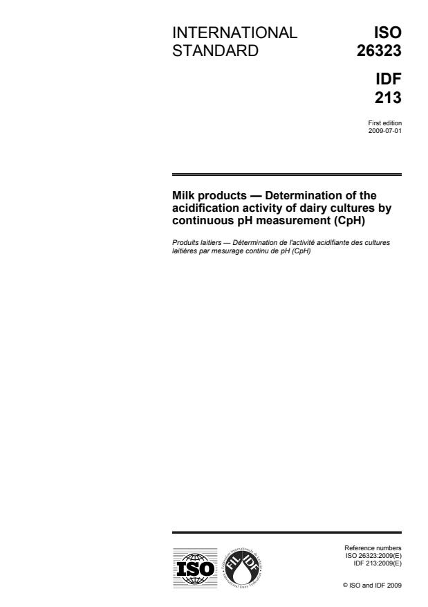 ISO 26323:2009 - Milk products -- Determination of the acidification activity of dairy cultures by continuous pH measurement (CpH)