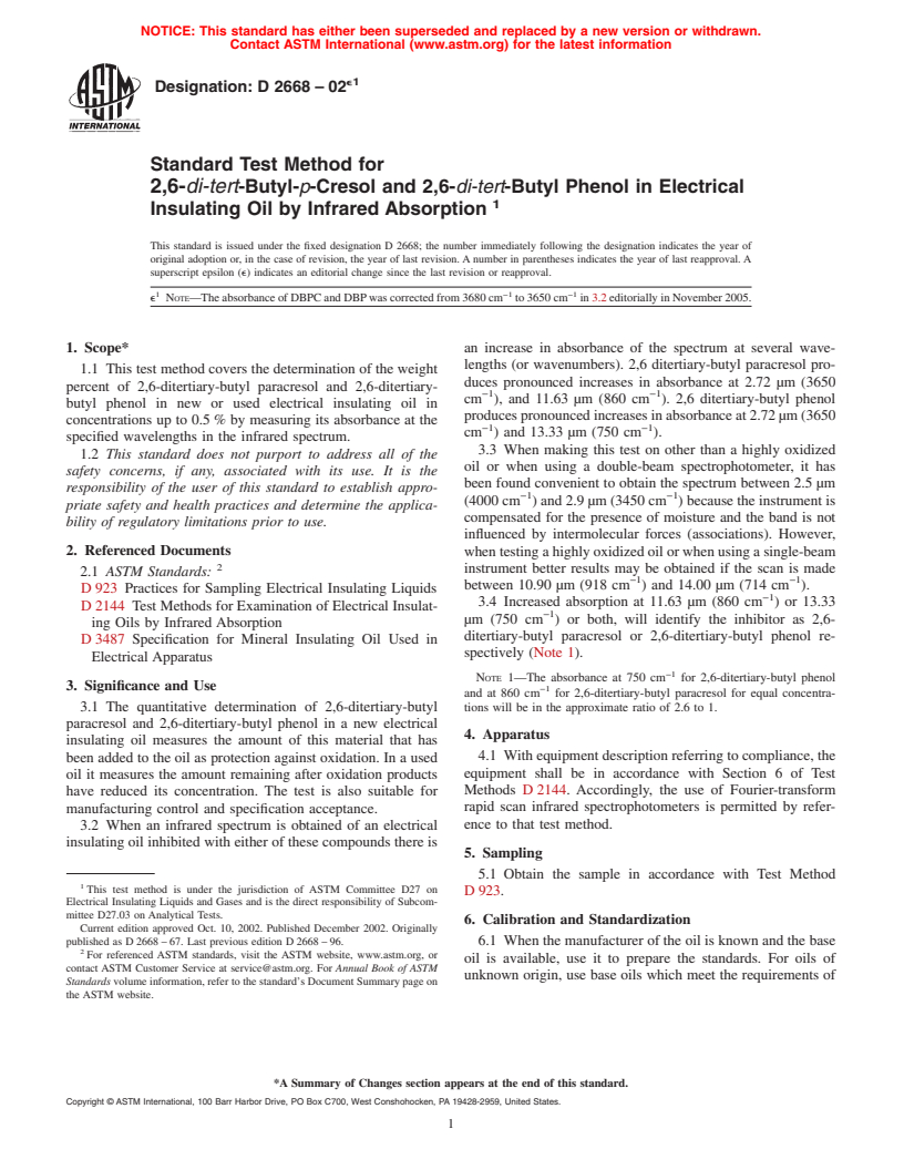 ASTM D2668-02e1 - Standard Test Method for 2,6-<i>di-tert</i>-Butyl-<i> p</i>-Cresol and 2,6-<ital>di-tert</ital>-Butyl Phenol in Electrical Insulating Oil by Infrared Absorption