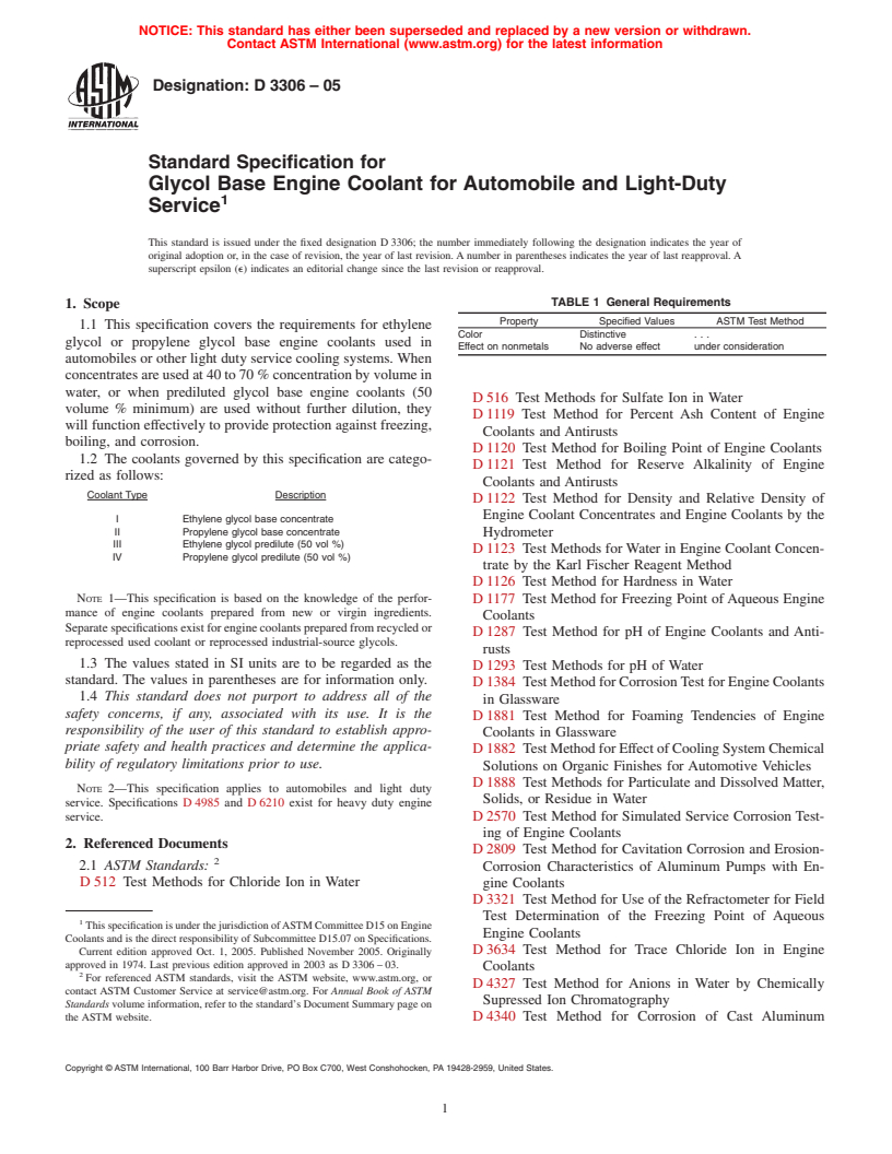 ASTM D3306-05 - Standard Specification for Glycol Base Engine Coolant for Automobile and Light-Duty Service