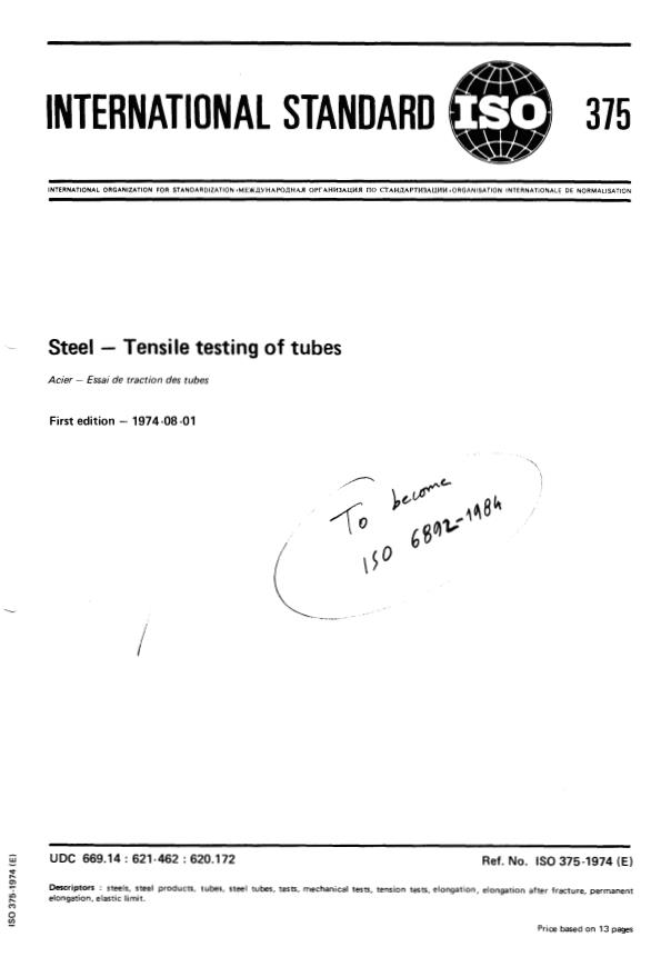 ISO 375:1974 - Steel -- Tensile testing of tubes