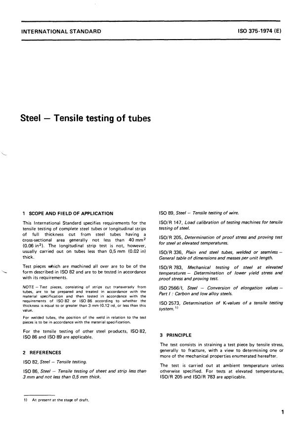 ISO 375:1974 - Steel -- Tensile testing of tubes
