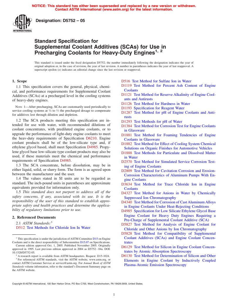 ASTM D5752-05 - Standard Specification for Supplemental Coolant Additives (SCAs) for Use in Precharging Coolants for Heavy-Duty Engines