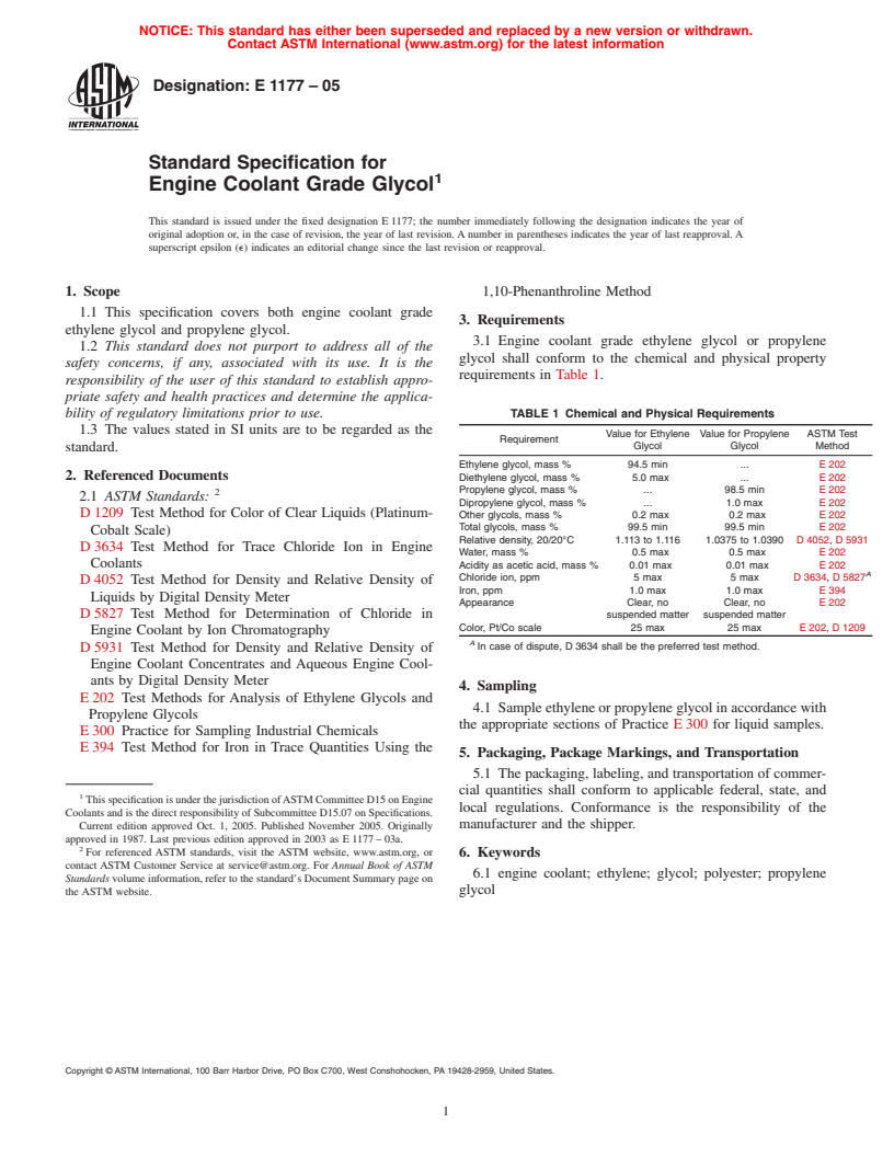 ASTM E1177-05 - Standard Specification for Engine Coolant Grade Ethylene Glycol